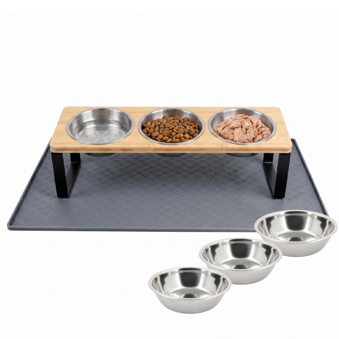 Elevated Food-Grade Feeder Stand With Three Stainless Steel Cat Bowls (Vet-Recommended!)
