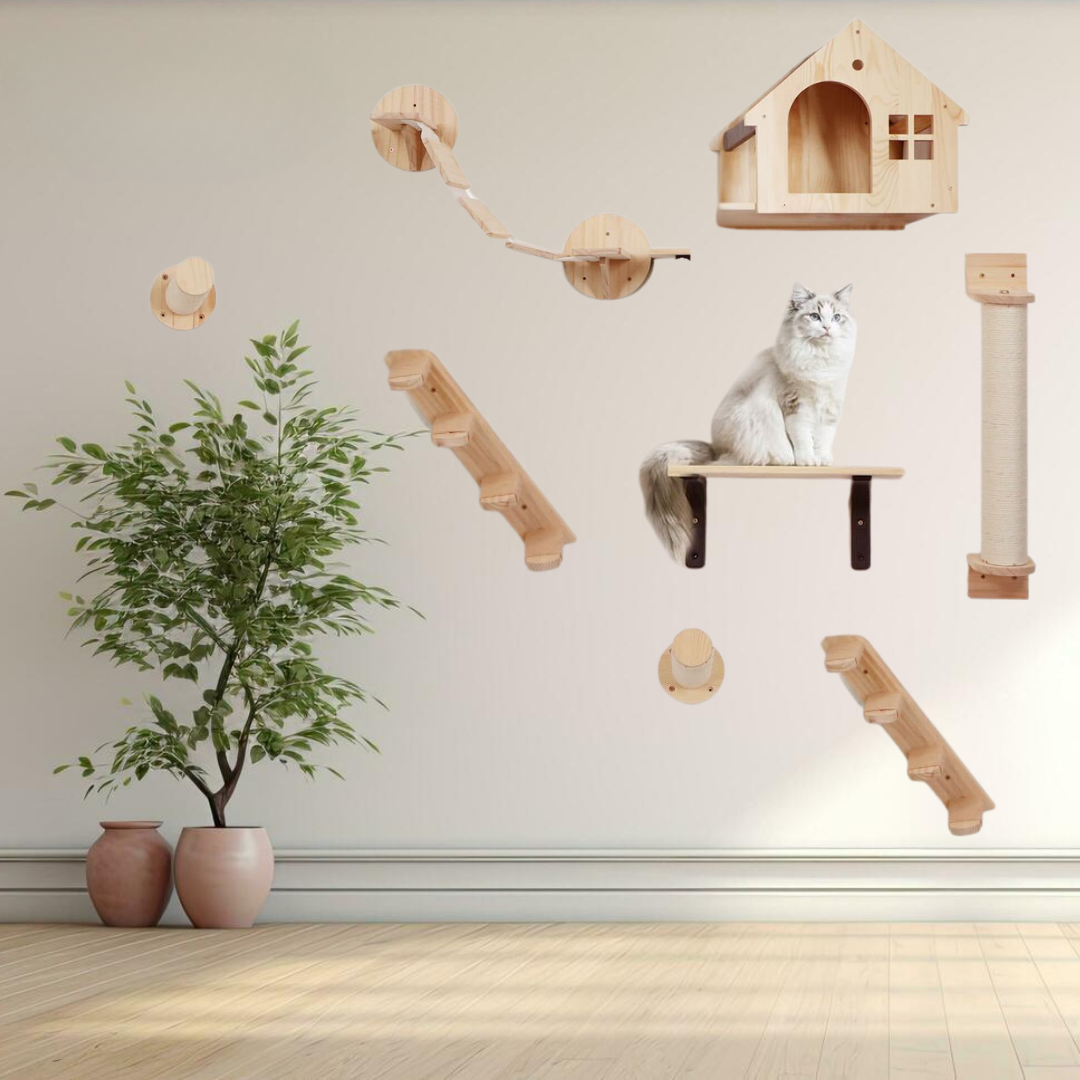 Cat Climbing Wall Furniture Set with Mounts, Shelves, Ladders, Perches, & Scratch Pads