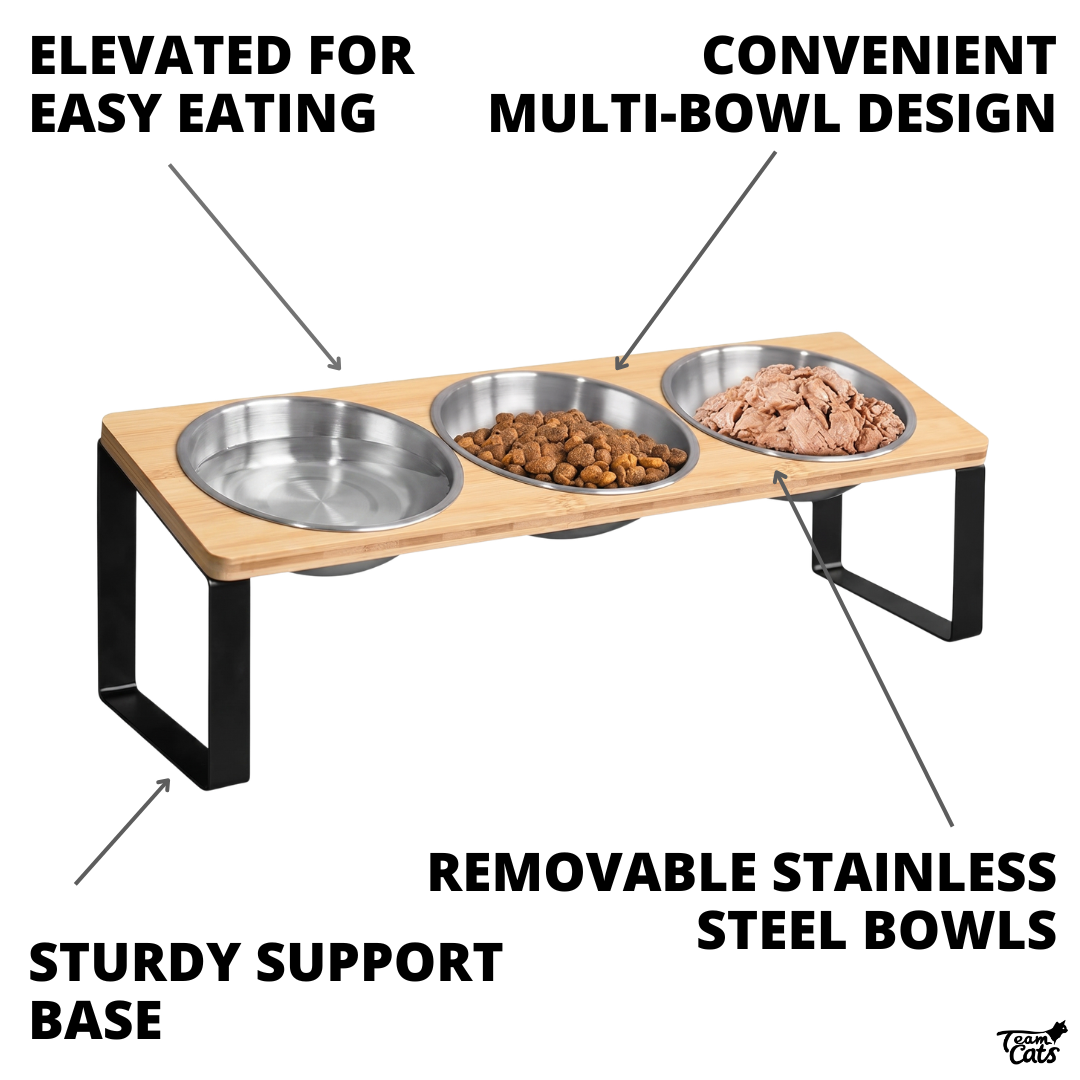 Elevated Food-Grade Feeder Stand With Three Stainless Steel Cat Bowls (Vet-Recommended!)