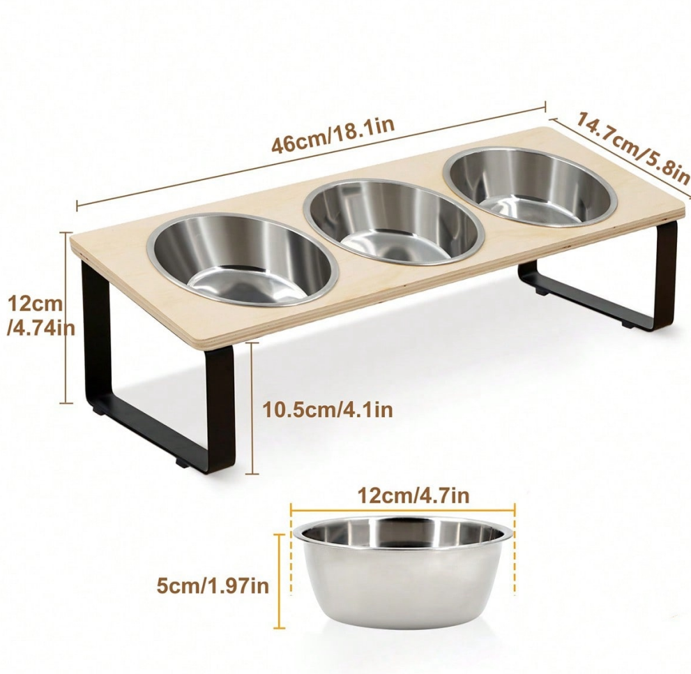 Elevated Food-Grade Feeder Stand With Three Stainless Steel Cat Bowls (Vet-Recommended!)