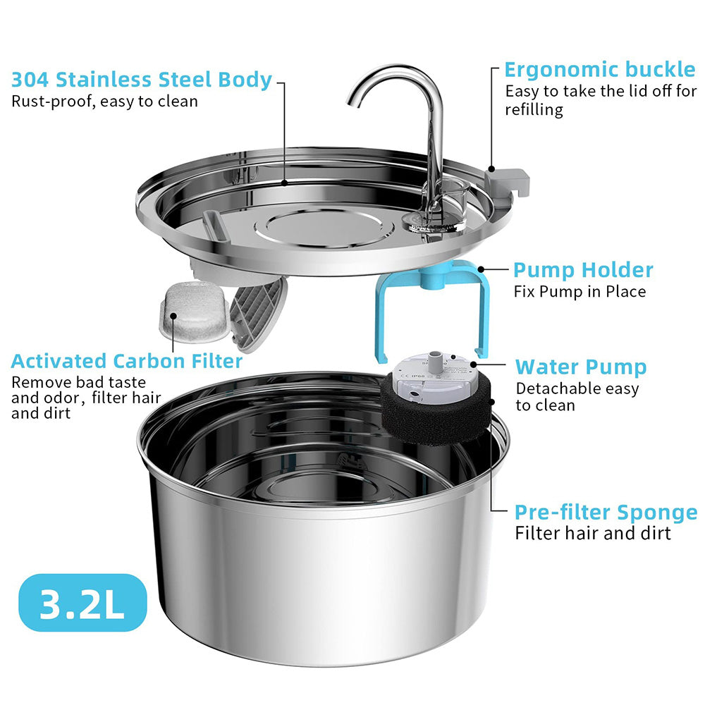 Team Cats 3.2 L stainless steel water fountain, parts: lid, activated carbon filter, pump with pre-filter sponge, bowl