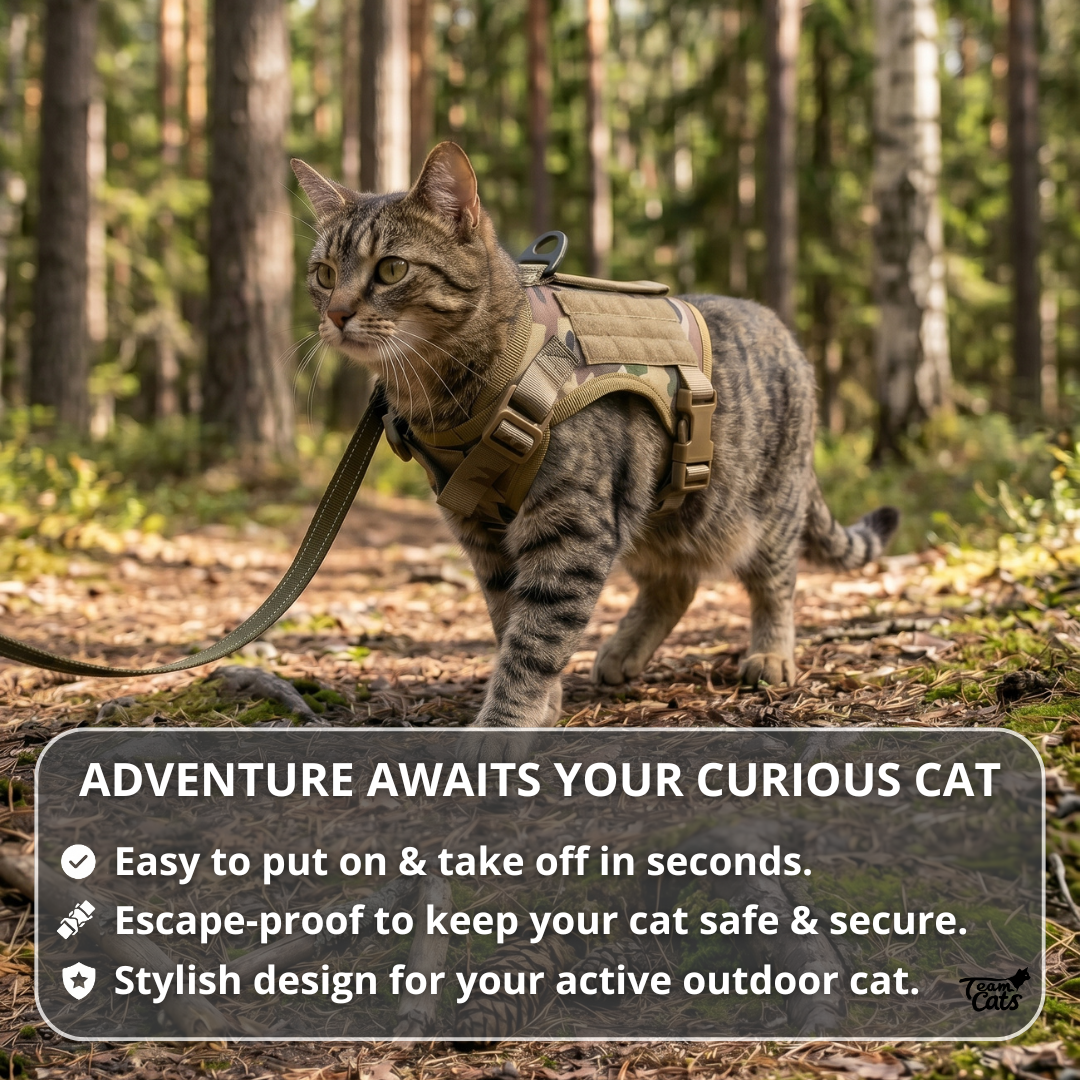 NEW Team Cats™ Adjustable Cat Harness With 2 Quick-Release Buckles, Easy-Grab Top Handle, Hook & Loop Panels, & Adjustable Straps