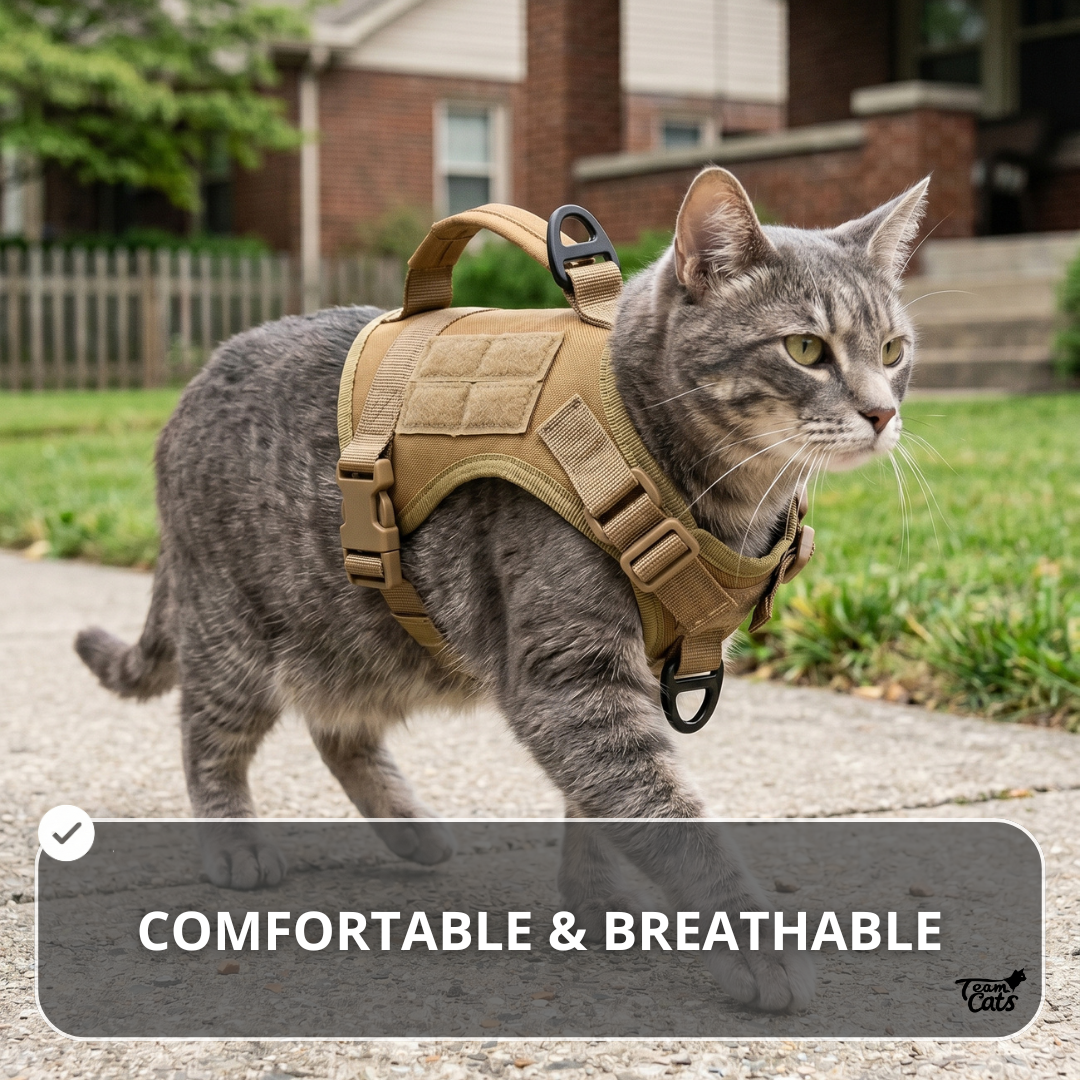 NEW Team Cats™ Adjustable Cat Harness With 2 Quick-Release Buckles, Easy-Grab Top Handle, Hook & Loop Panels, & Adjustable Straps
