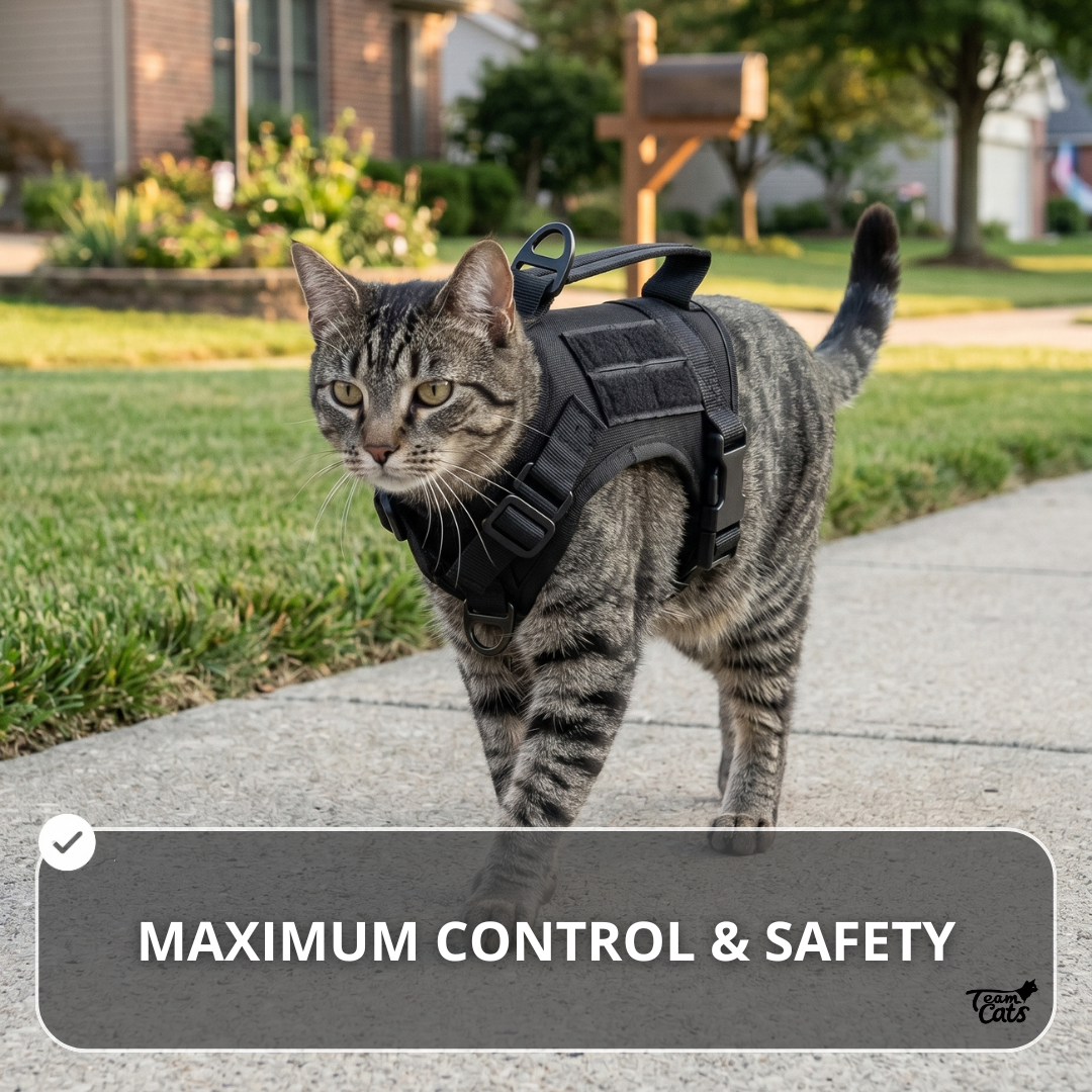 NEW Team Cats™ Adjustable Cat Harness With 2 Quick-Release Buckles, Easy-Grab Top Handle, Hook & Loop Panels, & Adjustable Straps