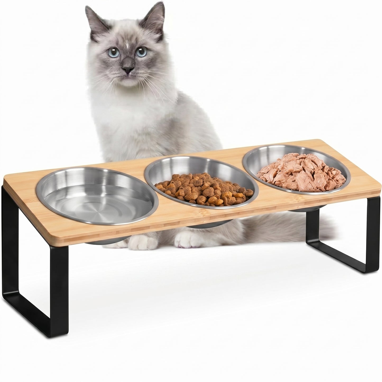 Elevated Food-Grade Feeder Stand With Three Stainless Steel Cat Bowls (Vet-Recommended!)