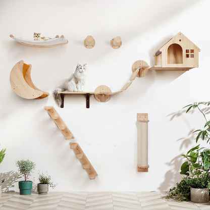 Cat Climbing Wall Furniture Set with Mounts, Shelves, Ladders, Perches, & Scratch Pads